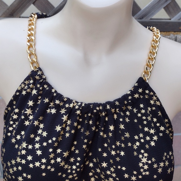 Micheal Kors Black & Gold Metallic Star Print Shift Dress w/ Gold Chain Neck / M - Picture 2 of 9